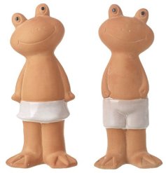 A dainty assortment of 2 frog ornaments wearing a pair of glazed swim shorts.