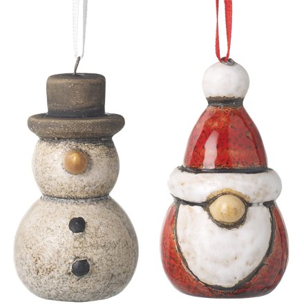 2/A Hanging Ceramic Santa And Snowman, 6.6cm