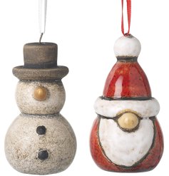 Hanging Ceramic Santa And Snowman