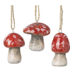 Elevate your space with 3 charming ceramic mushroom hangers, featuring jute string for easy hanging. 