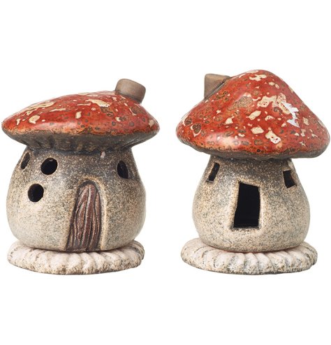 Add charm to your home with a ceramic toadstool ornament boasting a red roof and detailed front door