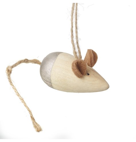 Cute wooden mouse w/ golden bottom & rustic string tail.