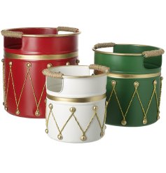Deliver holiday joy with our decorative Metal drum Containers featuring elegant prints and rope handles.