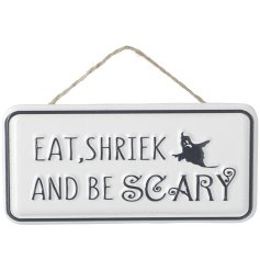 A unique monochrome Halloween sign with embossed detailing and a jute string hanger.
