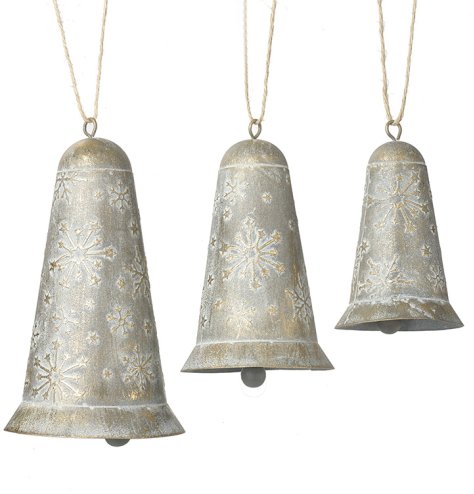 Set includes hanging bells, with charming distressed finish. Perfect for adding rustic charm to any space.