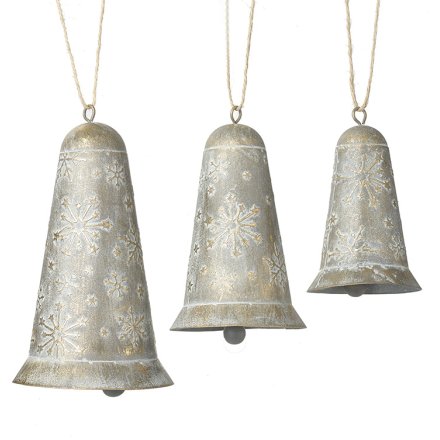 Set of 3 Hanging Metal Bell Snowflake Design