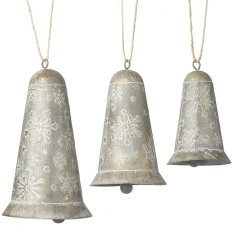 Set of hanging bell decors with a distressed look. Ideal for adding vintage charm to your home or event.