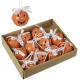 A set of 12 orange pumpkin style bells, each with a polka dot fabric bow and hanger.