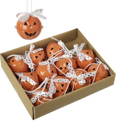 A set of 12 orange pumpkin style bells, each with a polka dot fabric bow and hanger.