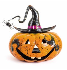 A colourful and characterful metal pumpkin candle holder. Beautifully detailed with a spider and witches hat.