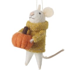 An adorable felt mouse decoration with knitted jumper and pumpkin. Complete with hanger.