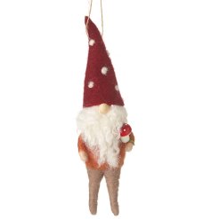 A charming felt gnome decoration with a toadstool inspired hat and miniature toadstool decoration.