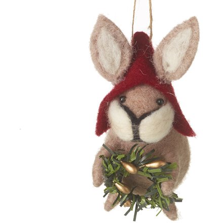 Hanging Festive Wool Rabbit, 11cm 