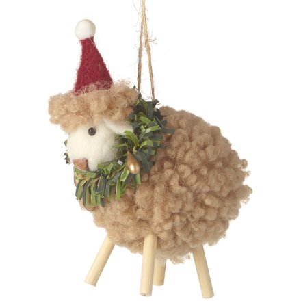 Wool Sheep with Xmas Hat Deco, 10cm