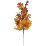 A rich and warm artificial spray featuring autumnal leaves and pumpkins with a gold shimmer finish. 