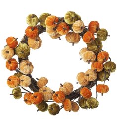 Add texture and tone to your seasonal collections with this unique velvet pumpkin artificial wreath. 