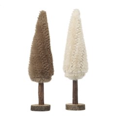 With a real wood base, an assortment of 2 trees adorned with cream and brown fur. 