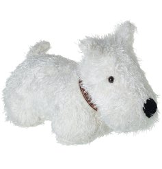 An adorable white dog doorstop with shaggy fur and a brown collar. 