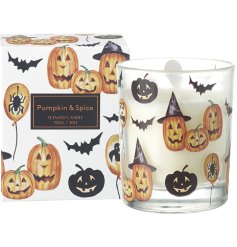 Fill the home with the cosy aroma of pumpkin and spice with this beautifully decorated halloween themed candle.