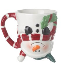 A colourful, festive mug in a quirky upside down snowman shape. 