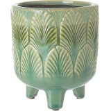 A stylish planter with a rich green glaze and leaf design. The perfect way to present house plants. 