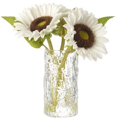 A gorgeous sunflower trio set in a textrued glass vase.