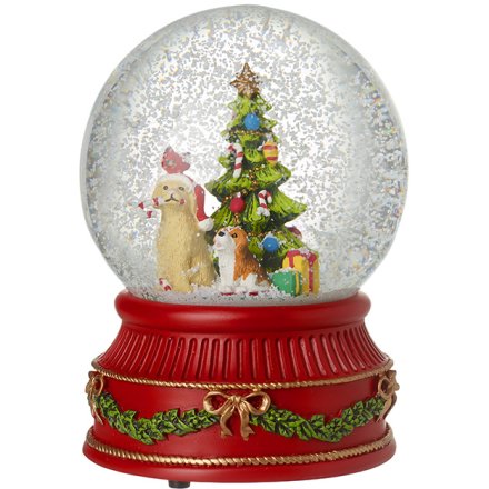 Musical Christmas Tree & Dog Snowglobe, 16cm