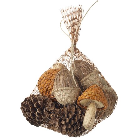 Acorns Toadstools & Pinecones In Net Bag