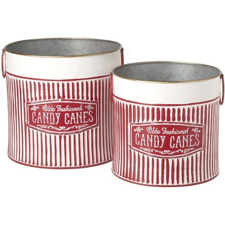 Set of 2 Candy Cane Metal Buckets 19cm