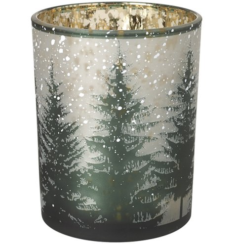 Christmas Glass Snowy Forest T-light Holder, 12.5cm