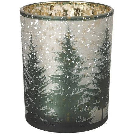 Christmas Glass Snowy Forest T-light Holder, 12.5cm