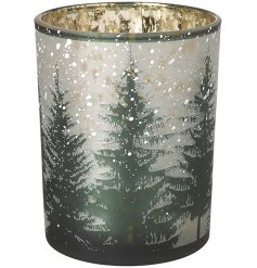 Glass T-light Holder Snowy Forest Design, 12.5cm