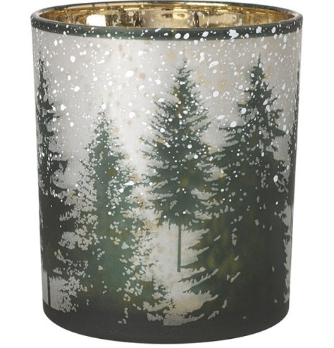 Christmas Glass Snowy Forest T-light Holder, 10cm