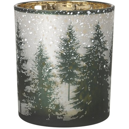Christmas Glass Snowy Forest T-light Holder, 10cm