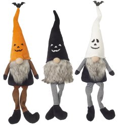 An assortment of 3 Halloween gonks each wearing spooky tall hearts and striped tights.