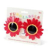 A stylish pair of funglasses in a red sunflower design.