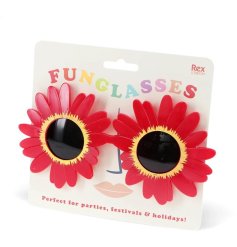 A stylish pair of funglasses in a red sunflower design.