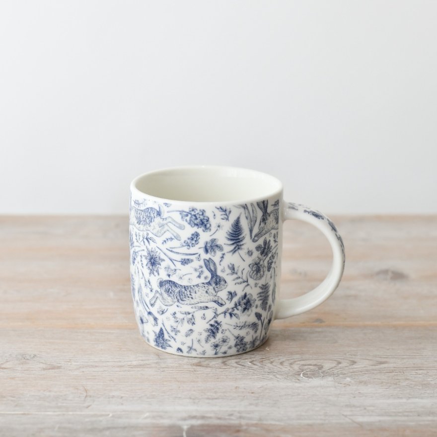 Coffee Tea Mug in Blue Hare Floral Design, 12cm