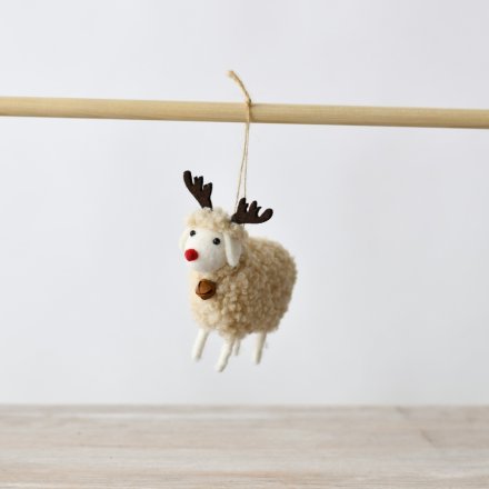 Wool Sheep Hanger with Brown Antlers - 11 cm