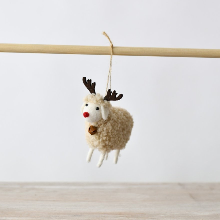 Sheep with Wool and Brown Antlers - 11 cm