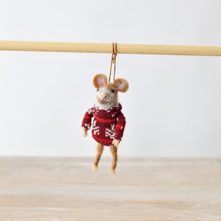 Hanging Christmas Wool Mouse Tree Deco, 14cm