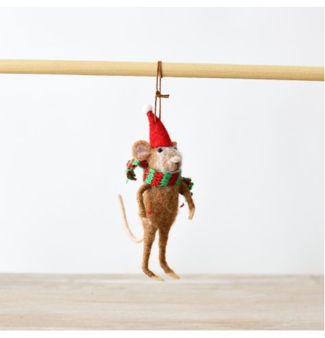 Mouse Wearing Xmas Hat Sat on Football Tree Deco, 16cm