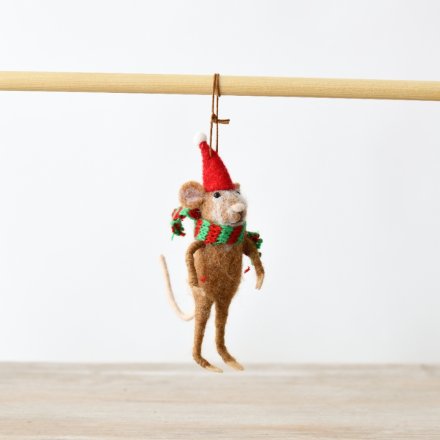 Christmas Wool Mouse Hanging Tree Deco, 16cm