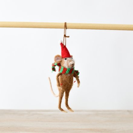 Mouse Wearing Xmas Hat Sat on Football Tree Deco, 16cm