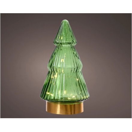 Green LED Xmas Tree w/ Gold Base 19.5cm 