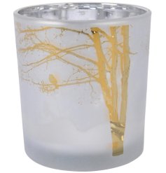 Glass Gold Bird & Tree Tea light holder, 8cm