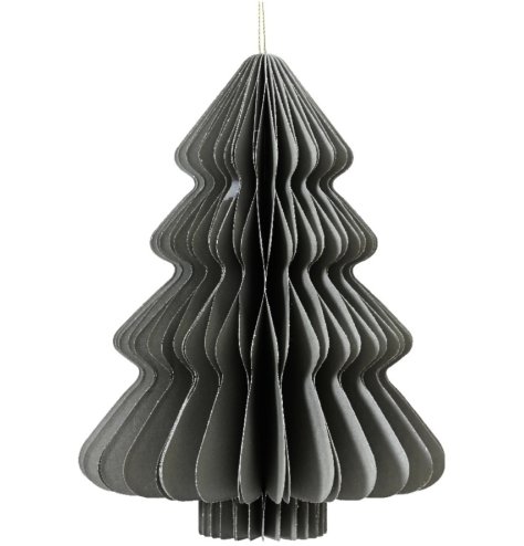 A simplistic hanging Christmas tree decoration in grey finished with champagne coloured edging.