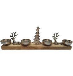 A lovely deer scene rustic candle holder in wood and metal.