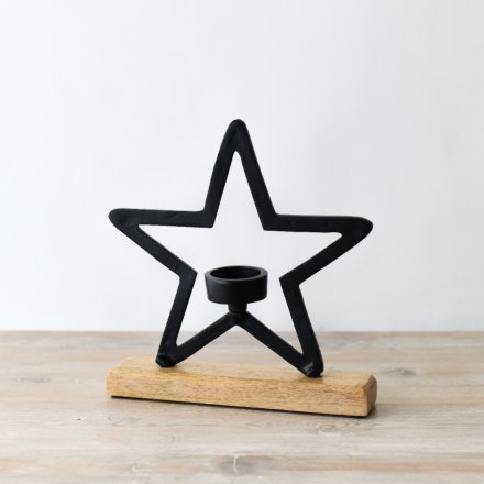 Tea light Black Star Mounted on Wood Base, 25cm