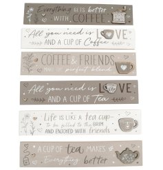 6 assorted tea and coffee slogan signs each in neutral colours with decals and motifs.